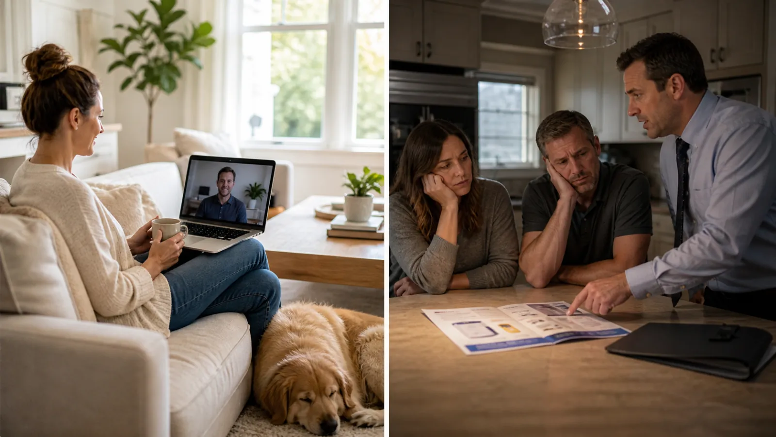 Left: a homeowner relaxing on her couch with coffee and her dog during a friendly remote consultation. Right: a stressed couple at their kitchen table with a high-pressure in-home salesperson.