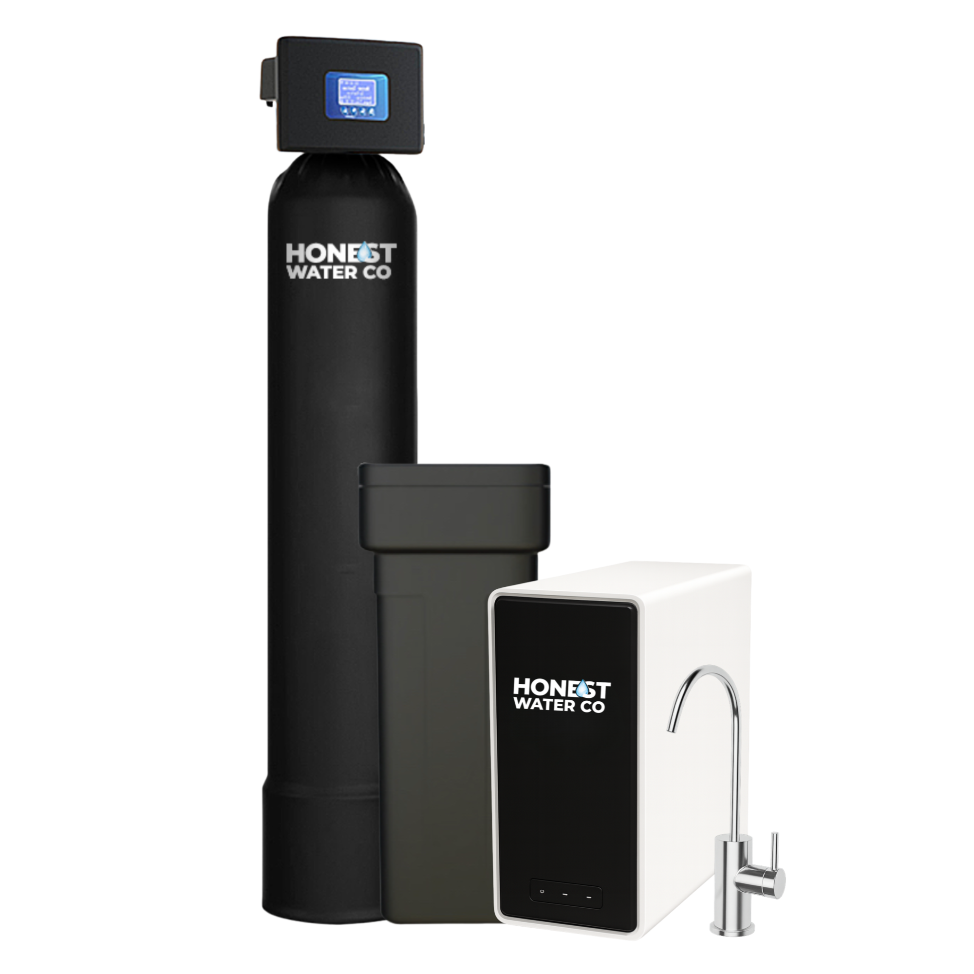 The Honest Water Complete system: softener, carbon tank, brine cabinet and tankless RO