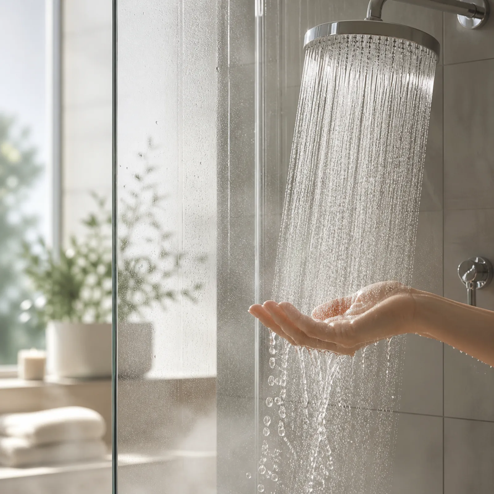 Water flowing from a rainfall shower head
